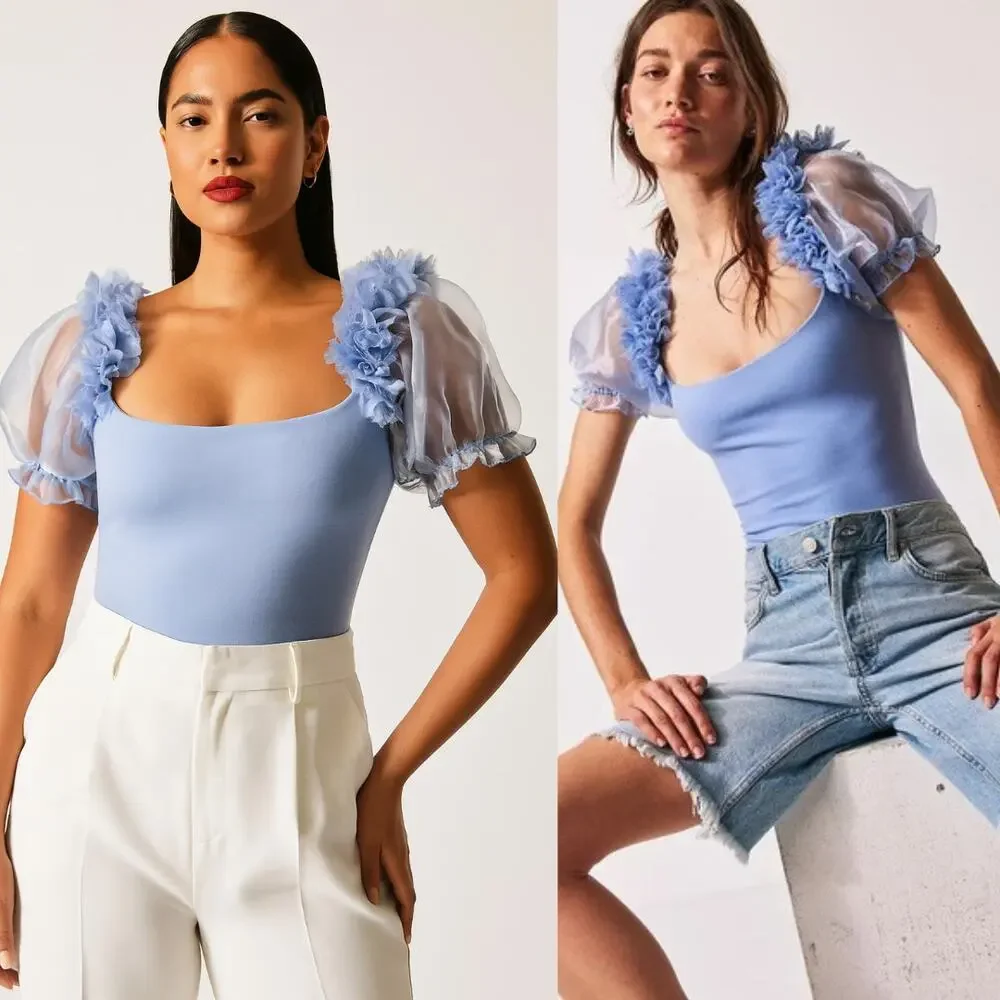 NEW Free People Pretty Petals Bodysuit Organza Puff Sleeve Blue Lilac XS Dainty